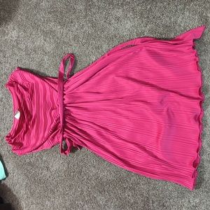 Fuchsia Pleated Midi Dress with Self Tie Waist